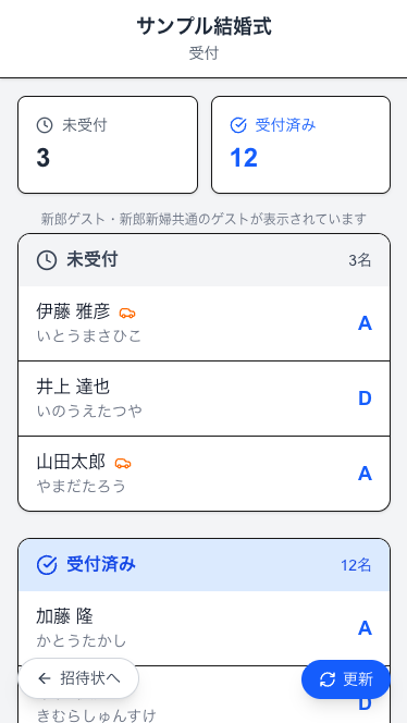 受付画面 — 未受付・受付済みの2テーブル表示